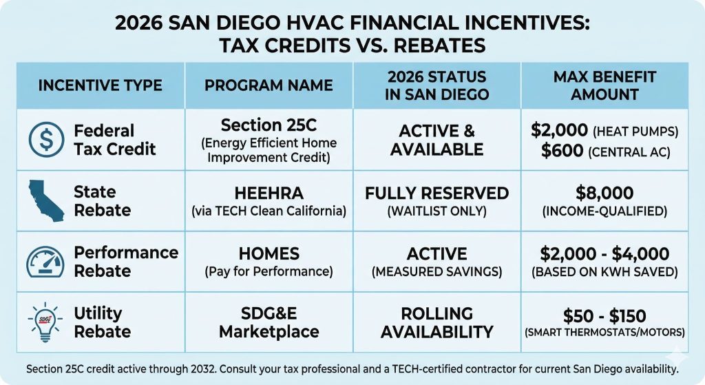 2026 Federal Tax Credit and California rebate comparison for new air conditioning installation in San Diego.