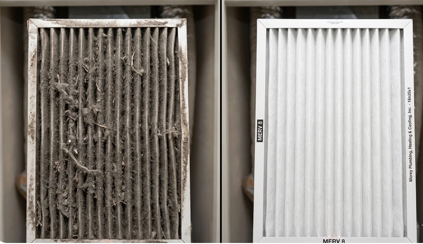 Clogged air filter vs clean filter to prevent emergency air conditioning repair and lower SDG&E energy bills.
